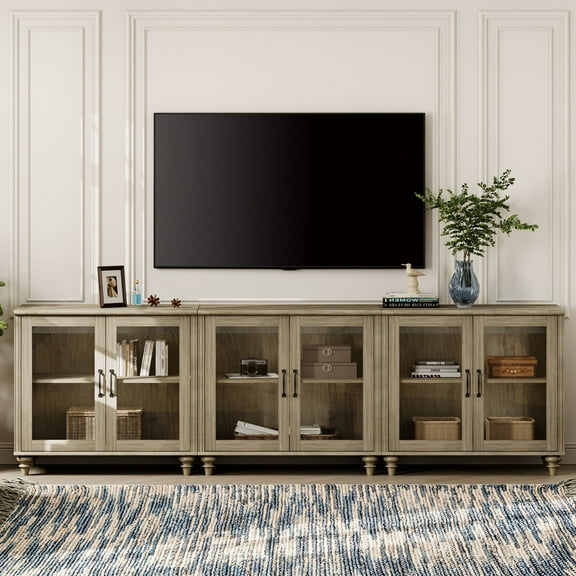 Farmhouse Style 100 inch TV Stand, Console Table with 6 Glass Doors for Living Room or Bedroom, Wash Gray, All Dimension: 101.6"×15.7"×30.9"(L×W×H)