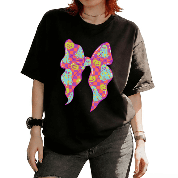 Cozymy Women Neon Ghost Pumpkin Bow Halloween T-shirt Colorful Checkerboard Tee Trendy Y2K Style Top for Party