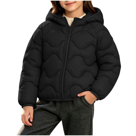 Fesfesfes Kids Unisex Wave Quilted Hooded Puffer Jacket Full Zip Lightweight Warm Winter Coat with Contrast Lining for Boys Girls Ages 2-13 Years