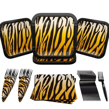 Safari Stripes Party Pack - 60 Pieces for 16 Guests - Tiger Themed Decorations - Jungle Plates, Napkins, and Supplies - Wild One Birthday Celebration