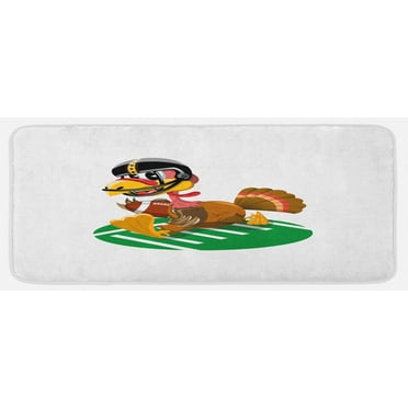 Turkey Kitchen Mat, American Football Playing Funny Bird and Thanksgiving Day Celebrations Theme Pigskin, Plush Decorative Kitchen Mat with Non Slip Backing, 47" X 19", Multicolor, by Ambesonne