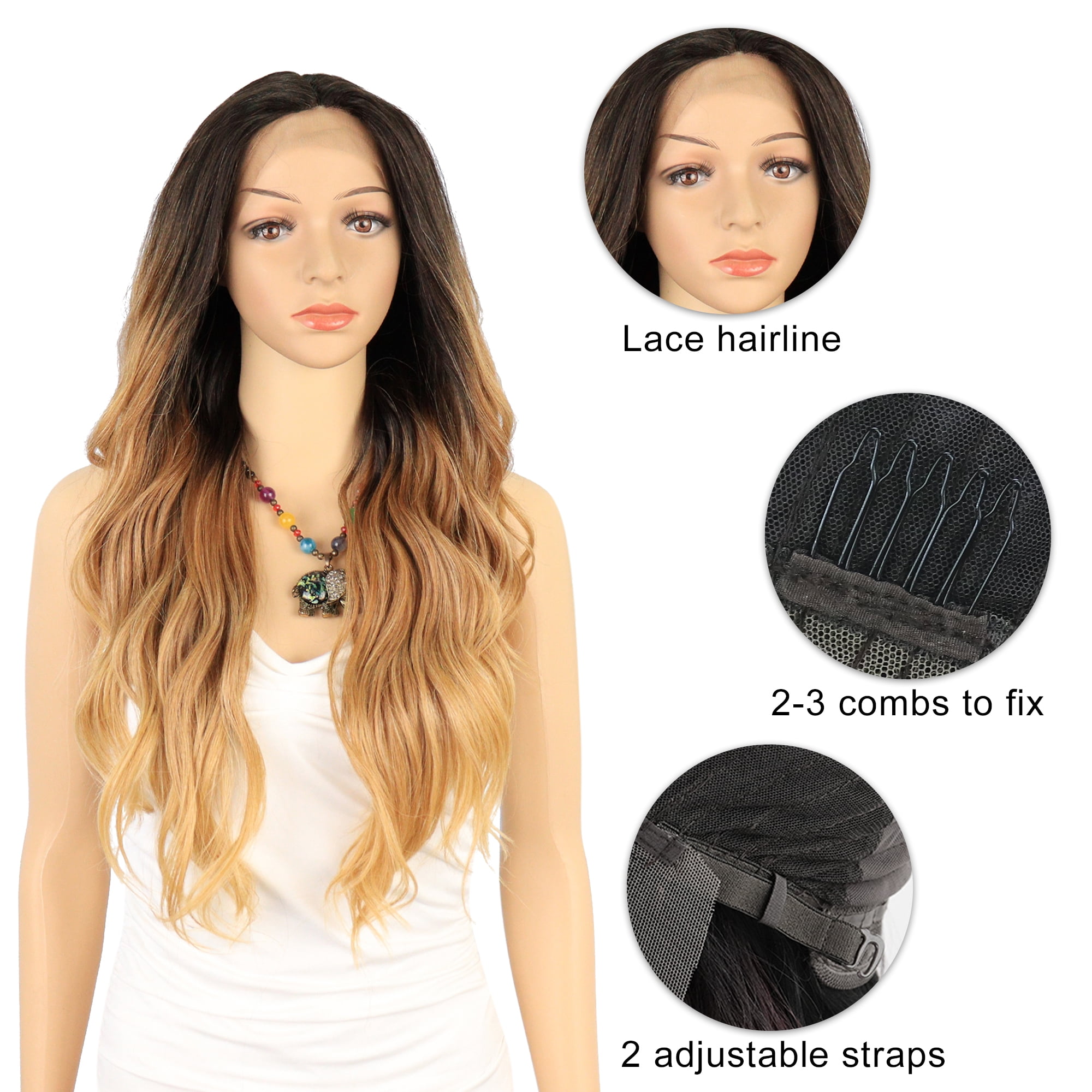 Unique Bargains Lace Front Wigs Long Body Wave for Women Lady Gradient Brown