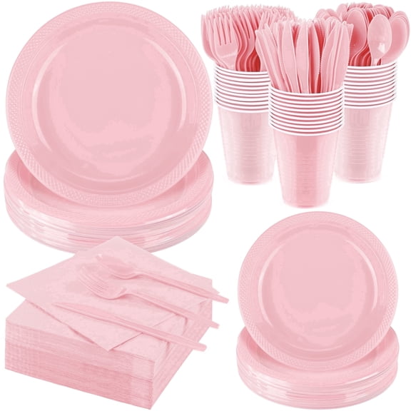 TURSTIN 400 Pieces Light Pink Disposable Dinnerware Set Serves 50, Plastic Plates 12oz Cups Napkins Cutlery for Wedding Birthday Graduation Parties