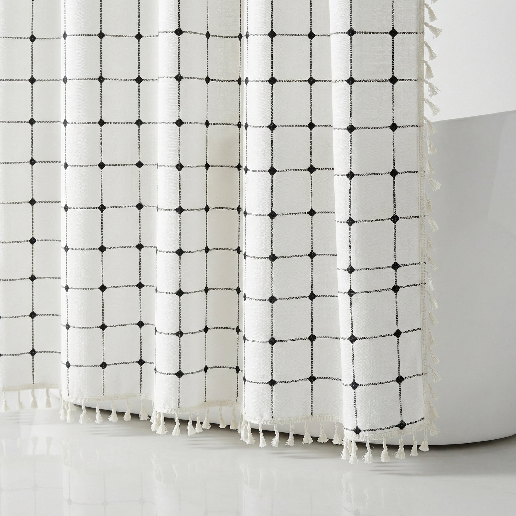 Unique Bargains Boho Plaid Blend Shower Curtain Sets with Hooks White Black 72"W x 72"L