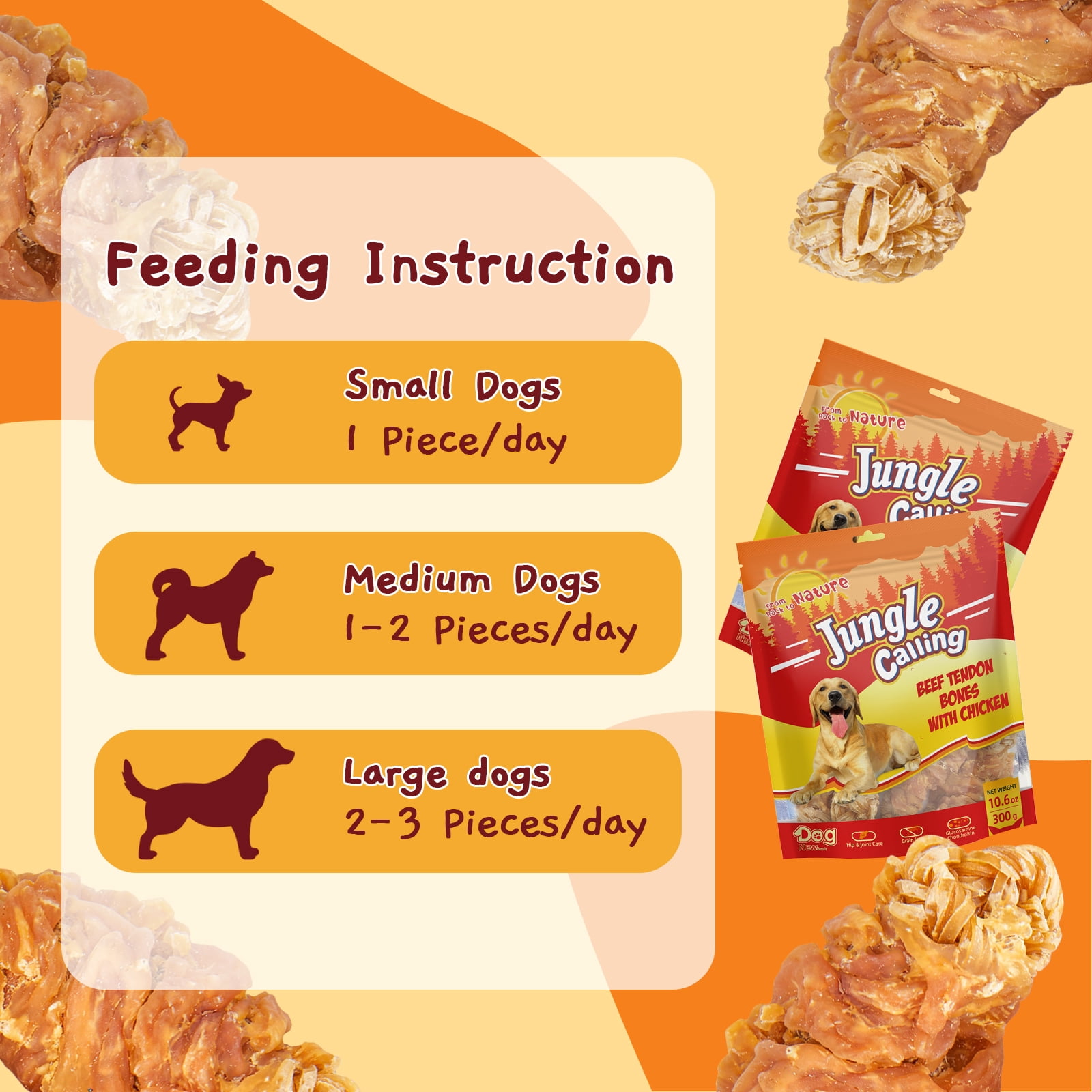 (5 pack) Jungle Calling Beef Tendons for Dogs, Chicken Wrapped Tendons Dog Chews Long Lasting Hip and Joint Supplement for Dogs with Glucosamine (Knotted Bone)