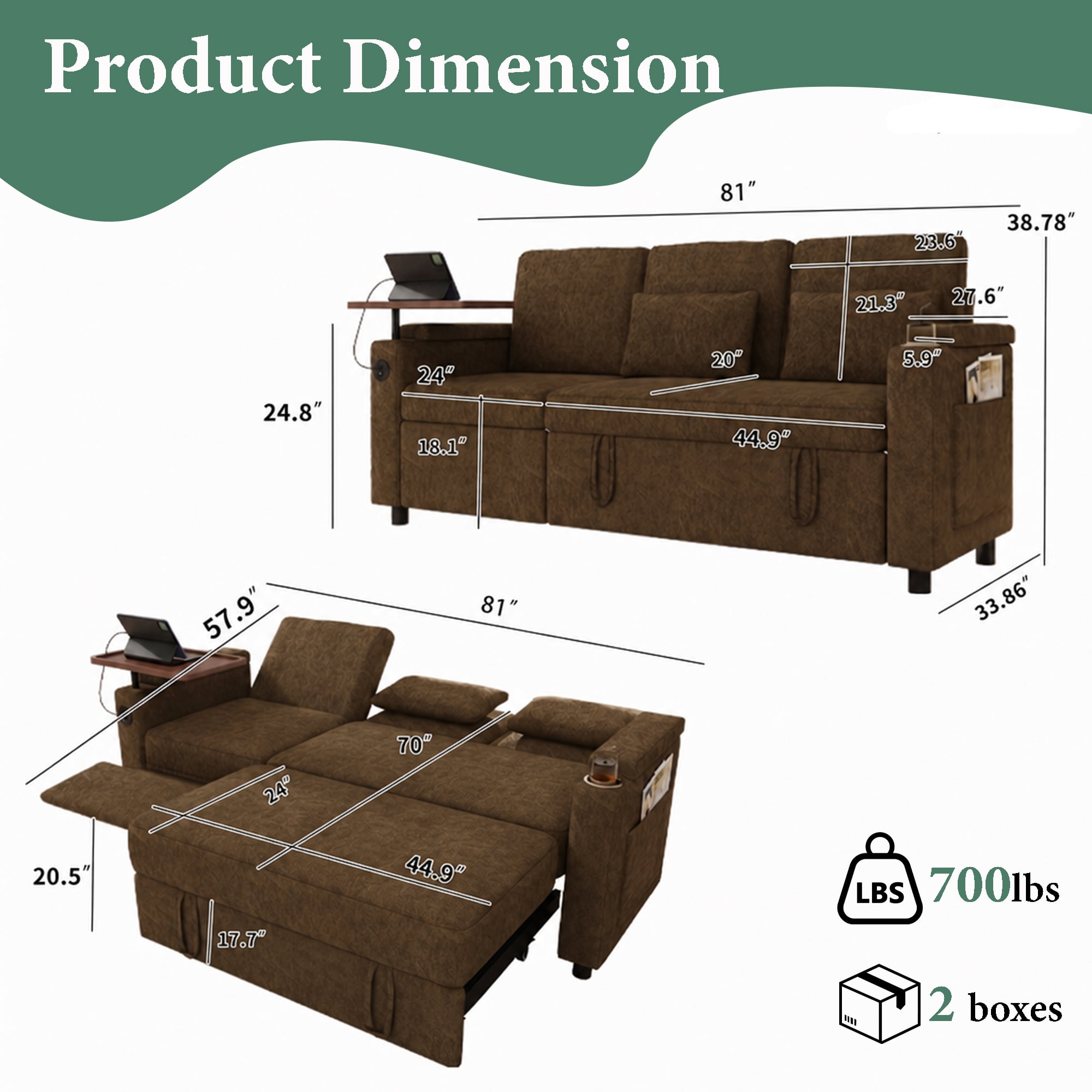 TiramisuBest 81" 3-in-1 Convertible Sleeper Sofa Bed with Power Recliner,Chenille Sofa Couch with Tray Table & USB for Living Room,Khaki