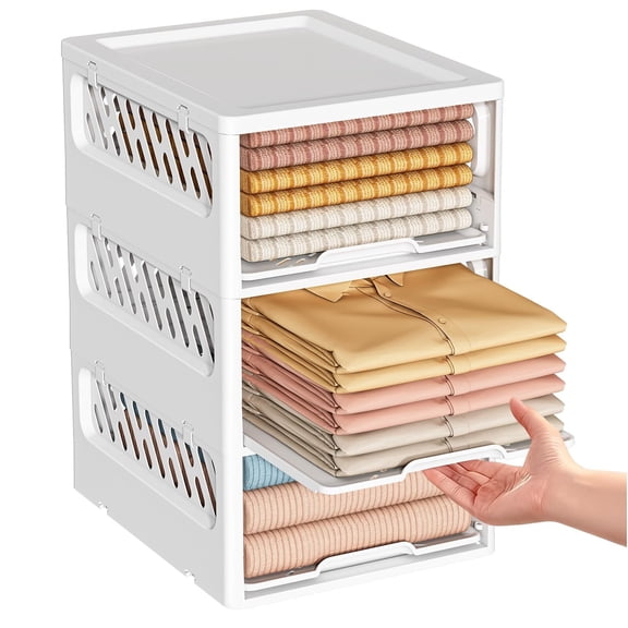 3 Pack Stackable Closet Storage Basket - Stackable Storage Bins, Multifunctional & Foldable Closet Organizer Divided, Wardrobe Cupboard Space-Saving Clothes Storage Hat Organizer, White