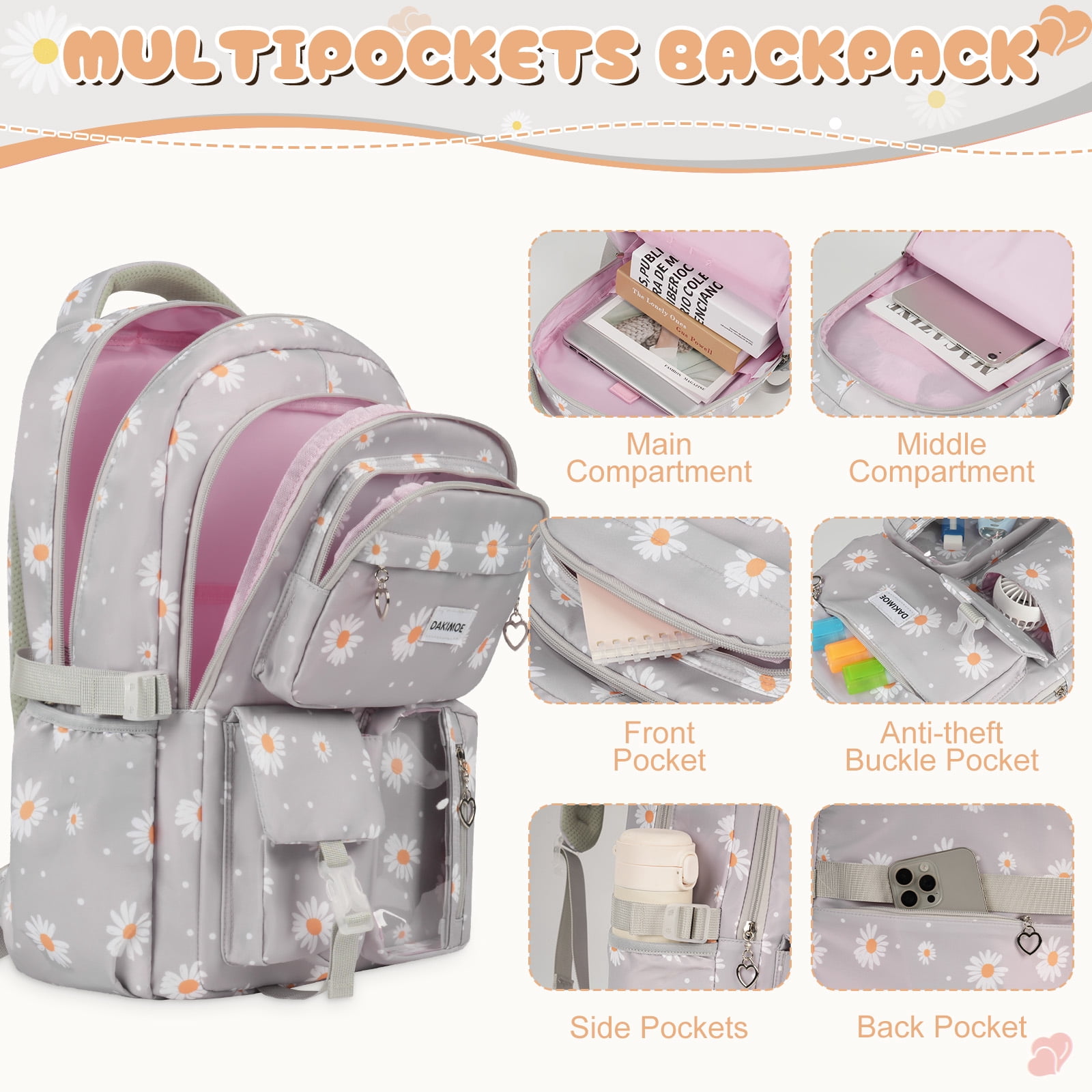DAKIMOE Cute School Backpack Set Water Resistant Durable 3-in-1 School Bookbag for Travel & Daily Use