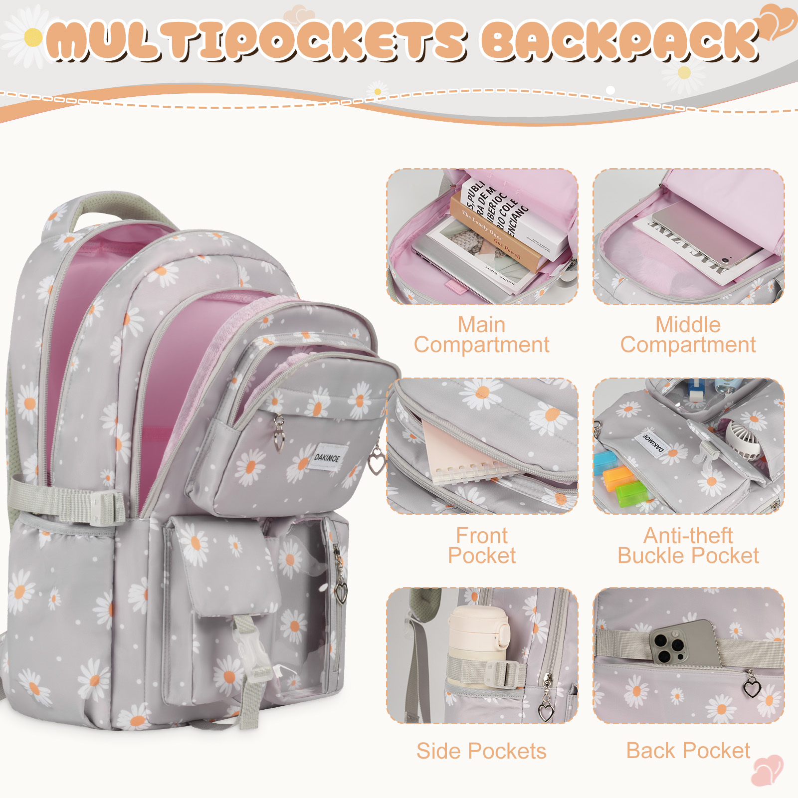 Set de mochila escolar linda DAKIMOE resistente al agua y duradera, 3 en 1, para viaje y uso diario 4