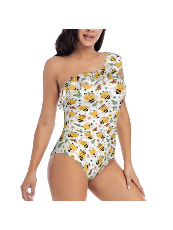 Picia Bee and Flowers Pattern Women's One Piece Swimsuits,One Shoulder Swimwear Asymmetric ,Ruffle Monokinis Bathing Suits,High Waisted Flattering Bathing Suits-Small