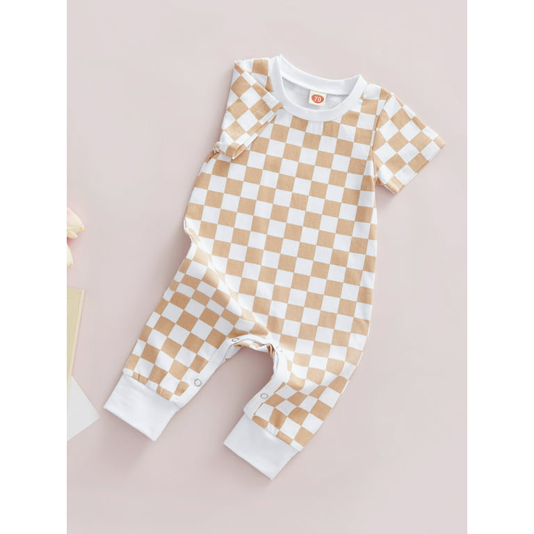 Multitrust Newborn Baby Boys Jumpsuit Checkerboard Plaid Print Short Sleeve Romper Bodysuit Playsuit Outfit Summer Clothes, Infant Unisex, Size: 18-24