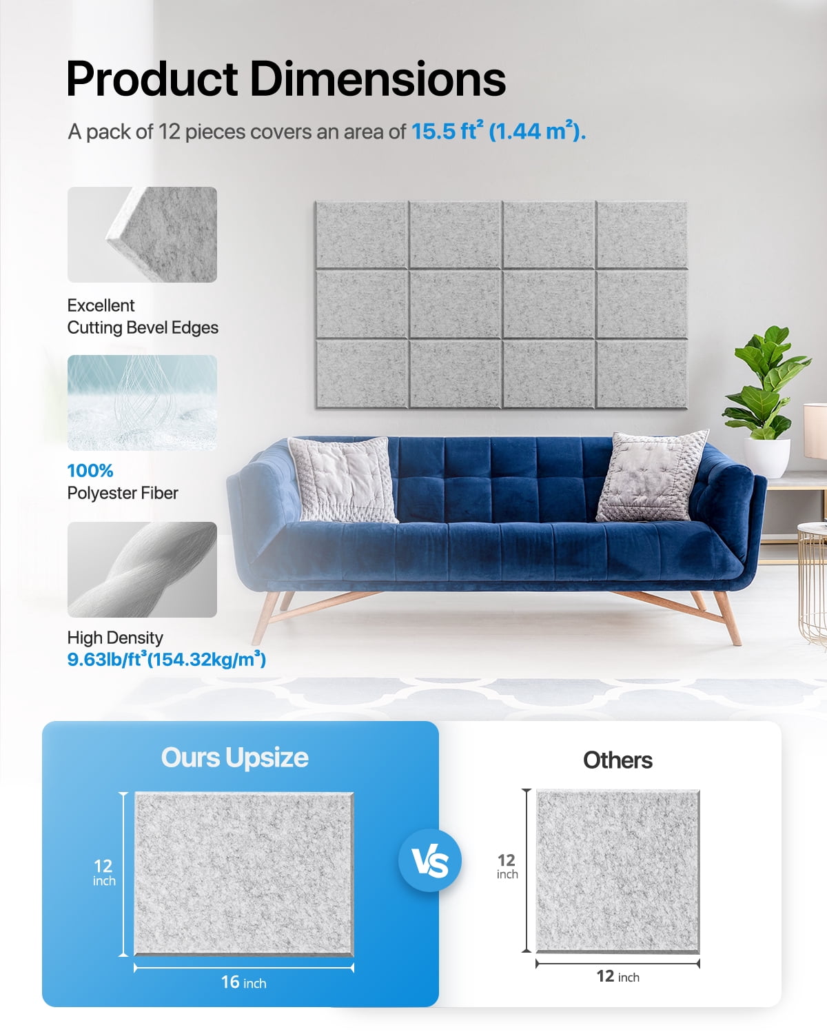 12 Pack Acoustic Panels Self-Adhesive, 16''X12''X0.4'' Rectangle Sound Proofing Panels for Door, Ceiling, Recording Studios