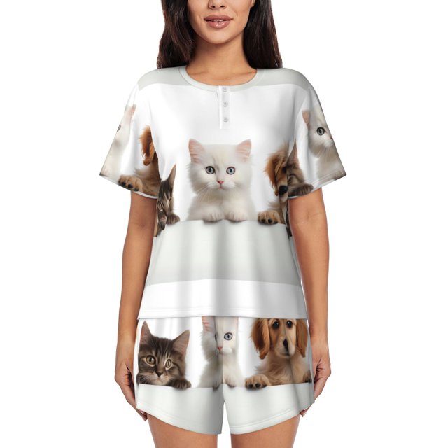 Balery Cute Kittens And Puppy Conjunto de Pijama para Mujer con Estampado, Dos Piezas de Manga Corta y Shorts, Ropa de Dormir Suave con Cuello Redondo y Bolsillos-4X-Large