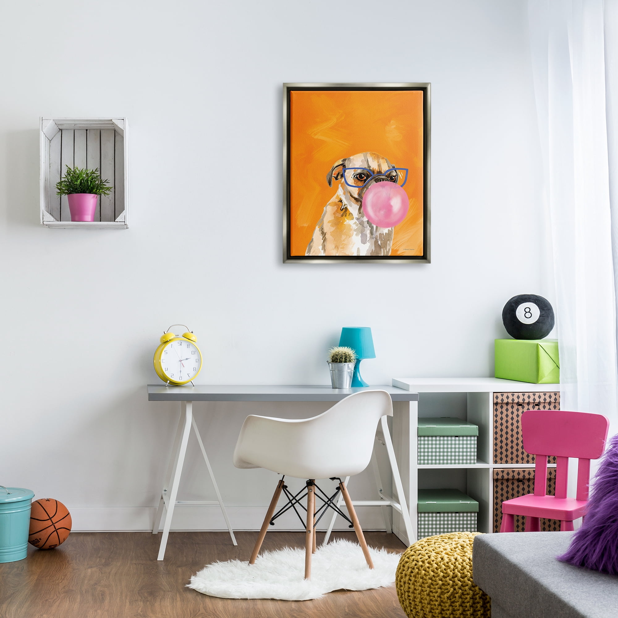 Stupell Industries Orange Dog with Bubblegum Animals & Insects Painting Gray Floater Framed Art Print Wall Art, 25 x 31
