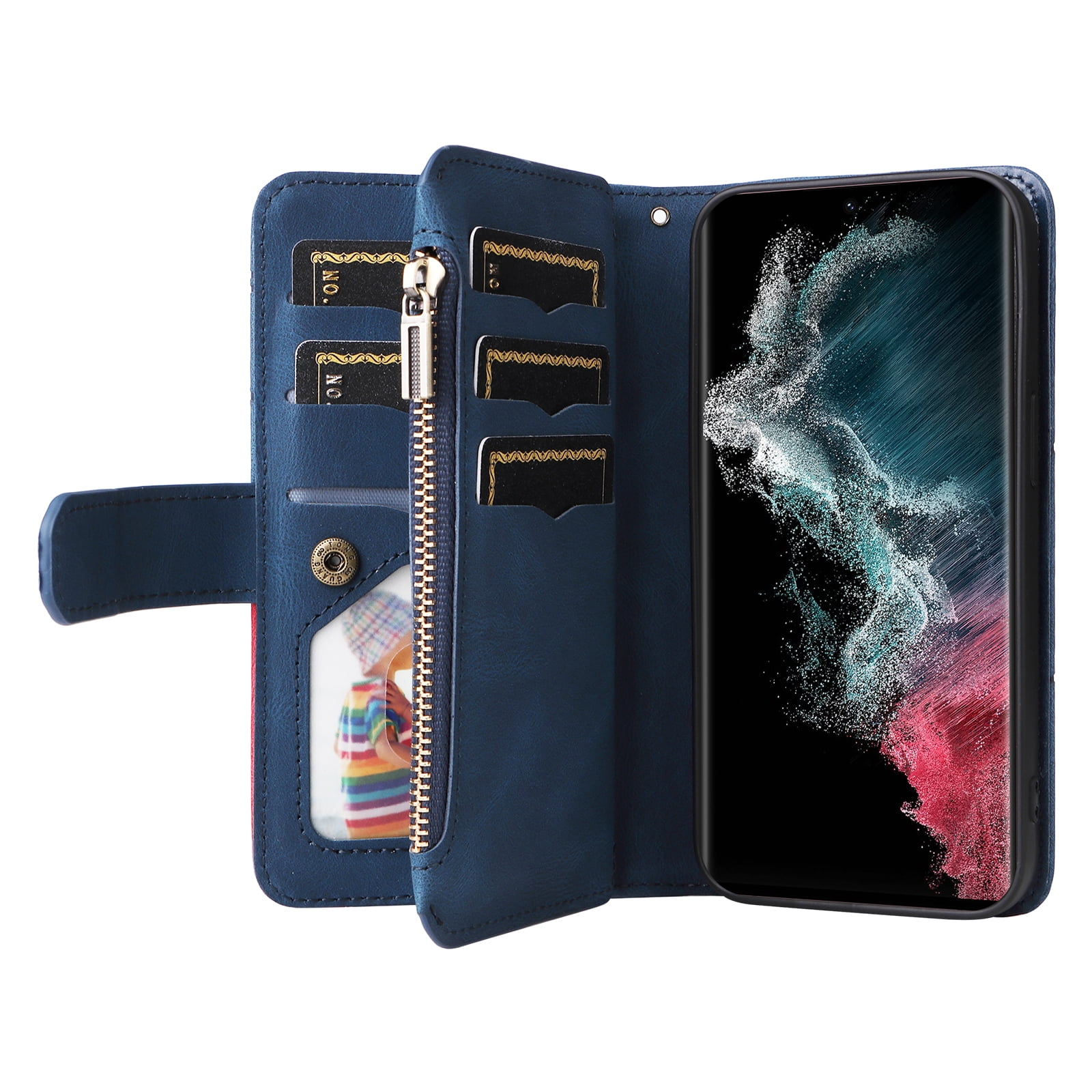 Dteck for Samsung Galaxy S23 Ultra Case Wallet with 9 Card Slots, Zipper Pocket PU Leather Folio Flip Phone Case with Wristlet Strap for Samsung Galaxy S23 Ultra 6.8 Inch, Blue