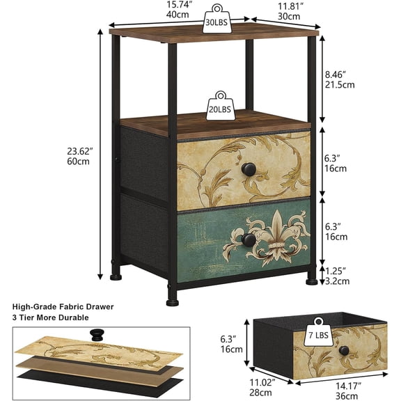 Nightstand with 2 Fabric Drawers Retro Flower End Table Side Table with Open Storage Shelf for Bedroom Living Room Sofa Beside Vintage