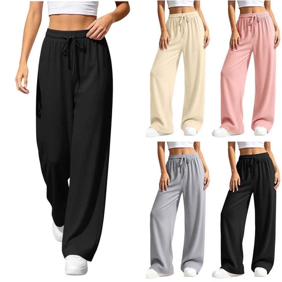 Xaqiouau Womens Wide Leg Lounge Pants High Waisted Drawstring Ribbed Knit Pajama Pants Casual Loose Palazzo Trousers for Travel Vacation Daily Wear