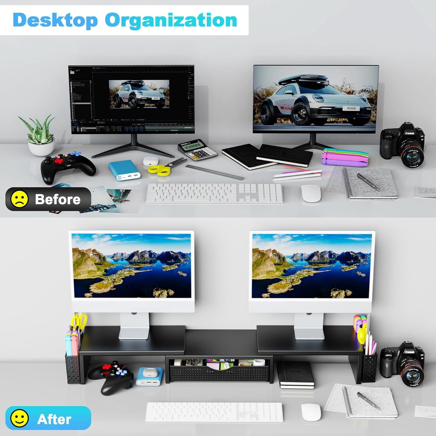 Metal Desk Organizers and Accessories, Dual Monitor Stand Riser with Drawer and 2 Pen Holders, Desk Accessories & Workspace Desktop Organizers for Office Supplies (Dark Gree)