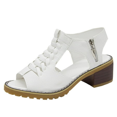 

Penkiiy Rhinestone Fish Mouth Sandals for Women Chunky Stacked Heeled Fish Mouth Sandals Zipper Buckle Dress Sandal 40 White