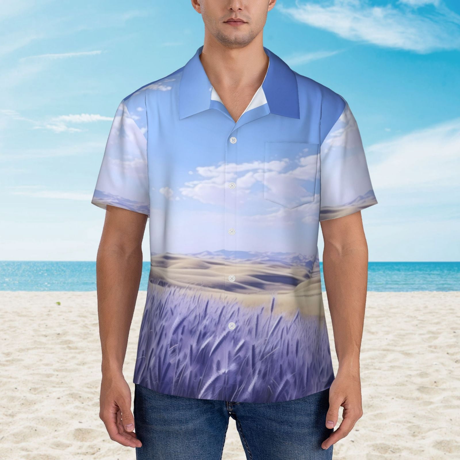Logiee Lavender Fields Under Blue Sky Print Mens Hawaiian Shirts,Loose-Fit Short Sleeve Button Down Tropical Aloha Beach Shirt,Summer Vacation Wedding Tops,Medium