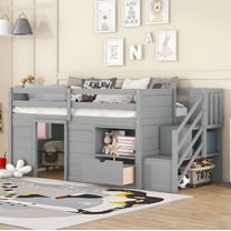 Twin Size Low Loft Bed with Stairs, Wood Loft Beds with Storage Drawers, Loft Bed Frame with Large Under-Bed Space for Bedroom-Gray