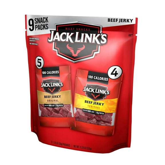 Jack Link's Beef Jerky DHF10 Variety - Includes Original and Teriyaki Flavors, On the Go Snacks, 13g of Protein Per Serving, 9 Count of 1.25 Oz Bags (Pack of 1)