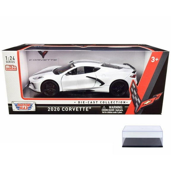Diecast Car w/Display Case - 2020 Chevy Corvette C8 Stingray, White - Motor Max 79360WH - 1/24 scale Diecast Model Toy Car