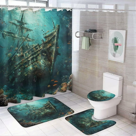 4Pcs Old Shipwreck Shower Curtain Set with Toilet Lid Cover U-Shaped Mat and Non-Slip Rugs, Colorful Fish Shoal Boat Spooky Theme Shower Curtain Bathroom Decor Set, 72" X 72"