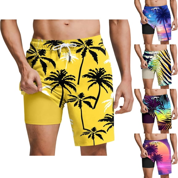 Purcolt Mens Swim Trunks with Compression Liner, Quick Dry Drawstring Stretch 2 in 1 Board Swimming Shorts Summer Casual Vacation Bathing Suits with Pockets