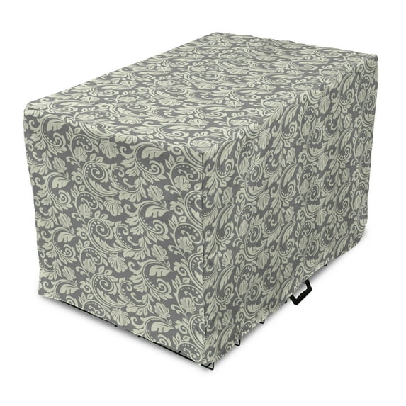 Damask Grey Dog Crate Cover, Abstract Botany Curls Repetition in Muted Colors Vintage Art, Easy to Use Pet Kennel Cover Small Dogs Puppies Kittens, 7 Sizes, Grey Yellow Grey, by Ambesonne