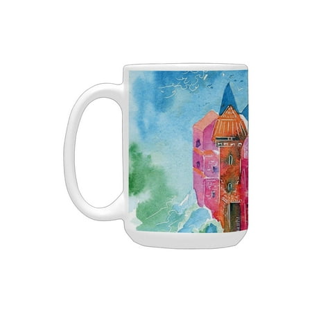 

Fantasy Medieval Castle in Vivid Watercolor Art Fairytale Style Modern Image Blue Orange Fuchsia Tea Ceramic Mug (15 OZ) (Made In USA)