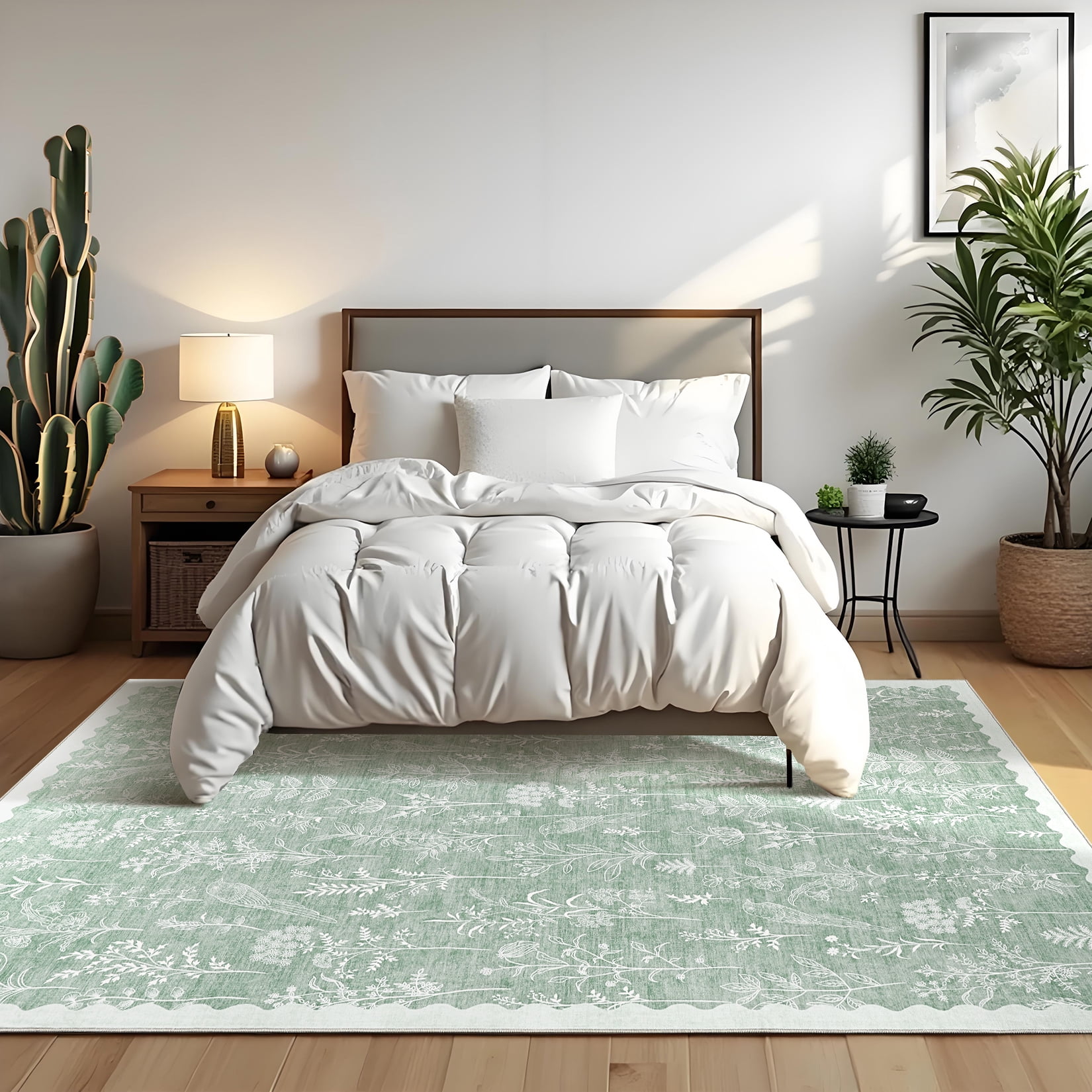 FairOnly Light Green 8'x10'Low Pile Mordern Flower Printed Area Rug for Bedroom Kid's Room Non Slip Ultra Thin & Soft Rugs for Kitchen