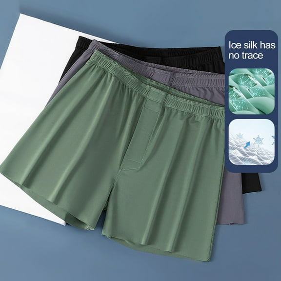 zeranth Men Summer Ice Silk Shorts Briefs Mid-rise Elastic Waistband Seamless Thin Underwear Loose Fit Wide Leg Sleeping Shorts