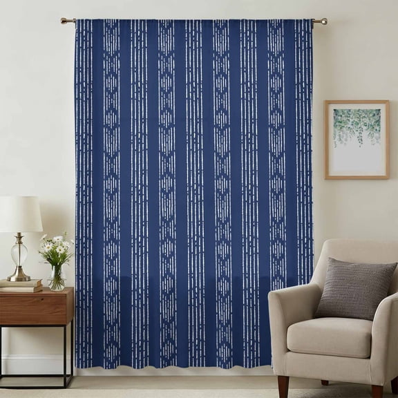 Navy Blue Striped Sheer Curtains 84 Inches Long, Modern Abstract Art Geometric Stripes Light Filering Curtains, Breathable Simi Curtain Privacy Drapes for Living Room Bedroom Window Treatment