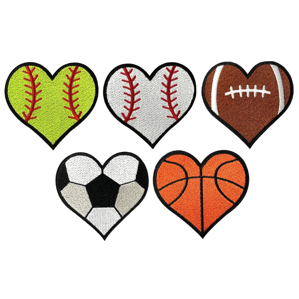 20 Pcs Heart Shaped Balls Iron on Patches, Sports Themed Patches Embroidered for Clothing Jeans Jackets Hats