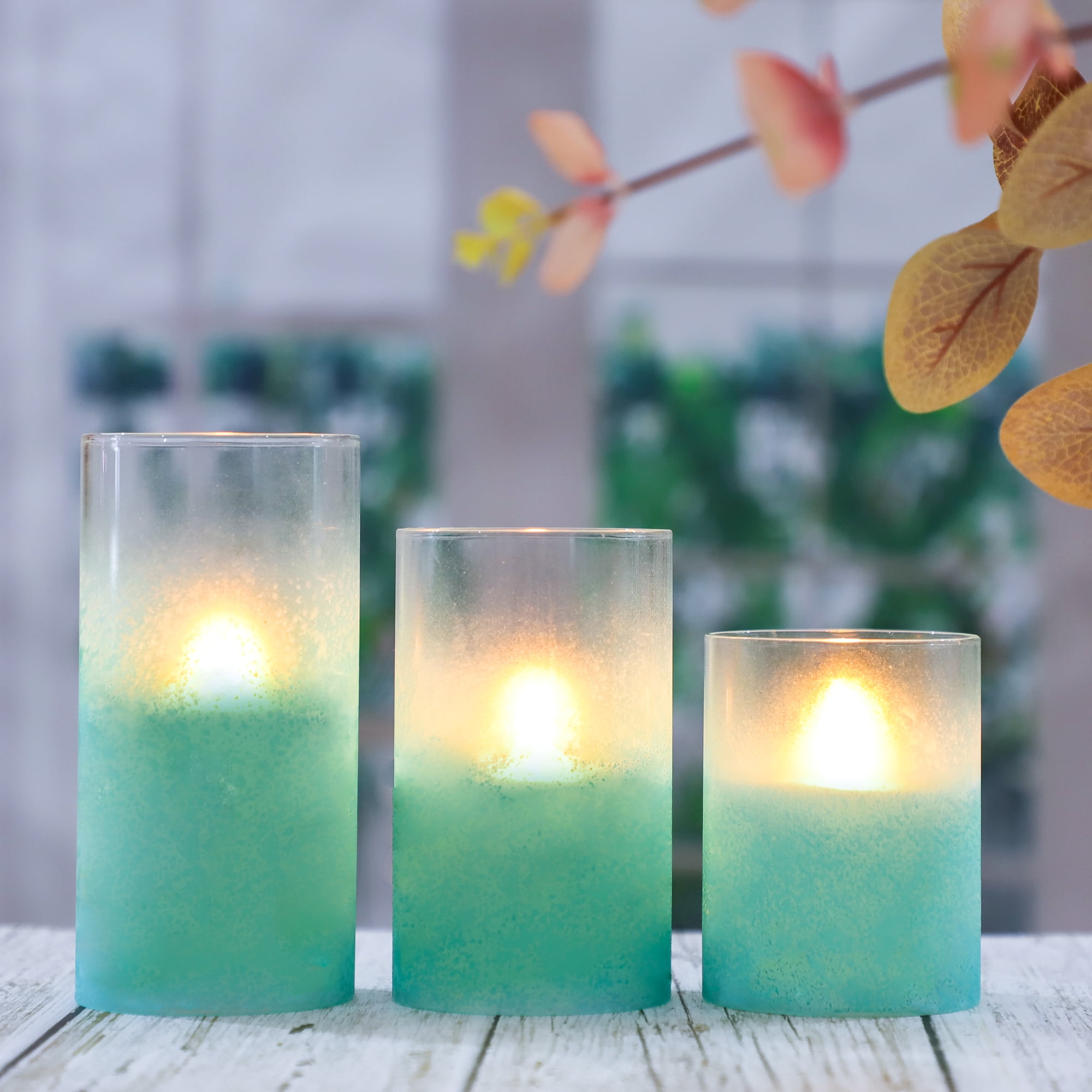 Meltone Glass LED Flameless Candles with Remote, Teal Pillar Candles Battery Operated, 3''x4''/5''/6'', Set of 3