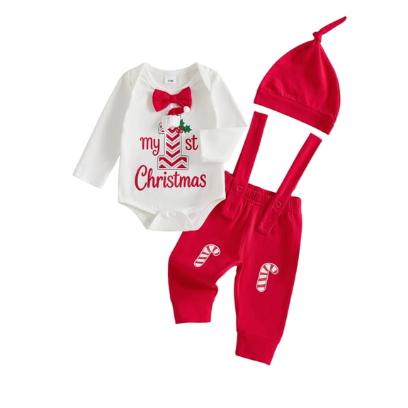 Loicainy Infant Baby Boy First Christmas Outfit 3 6 9 12 18 Months Bowtie Long Sleeve Romper Suspender Pants Hat Clothes Set