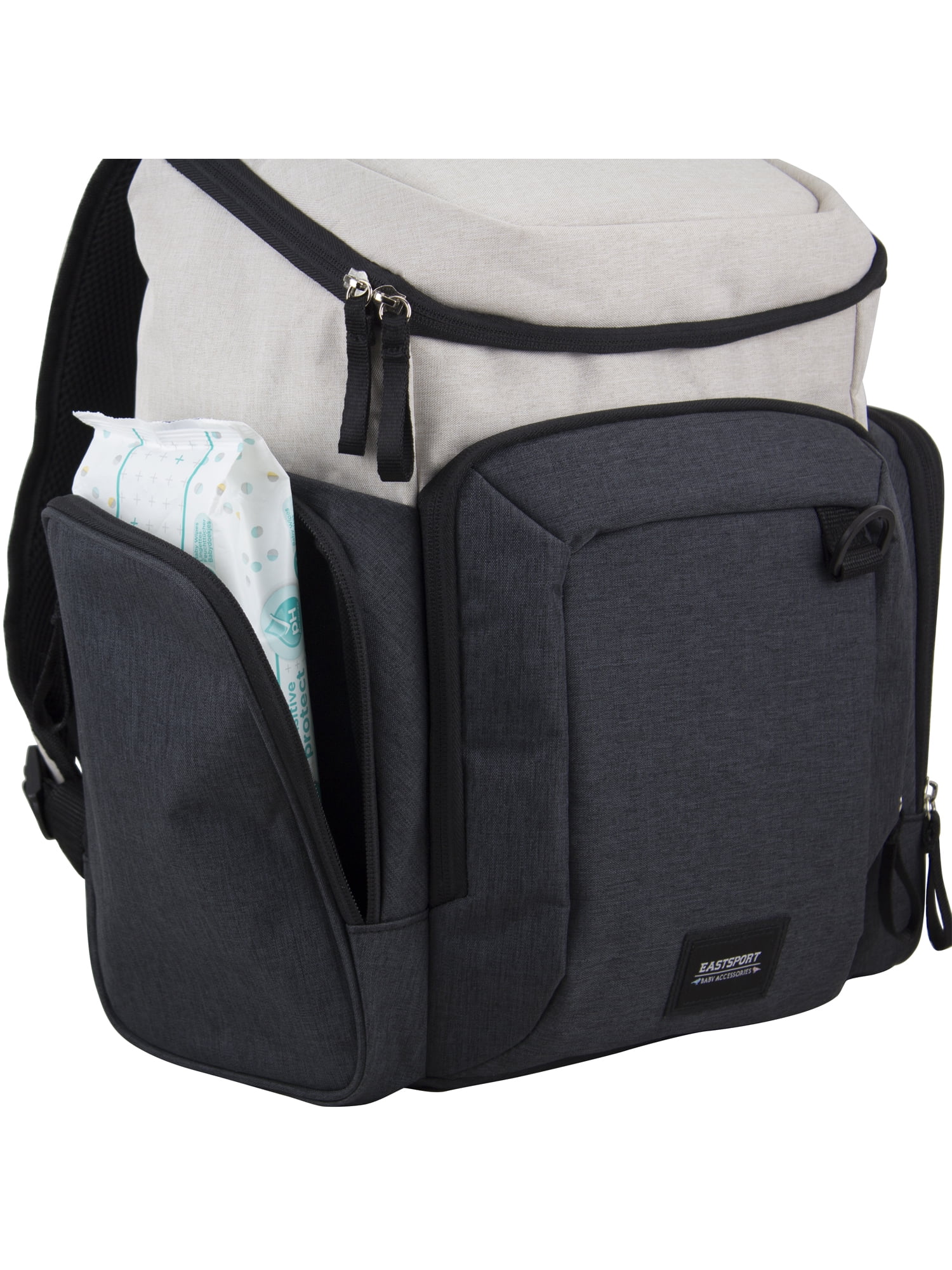Eastsport Wooster St. Large Backpack Diaper Bag, Adjustable Shoulder Straps, Bonus Changing Pad, Stroller Straps, Insulated Zipper Pockets, Off-White/Grey
