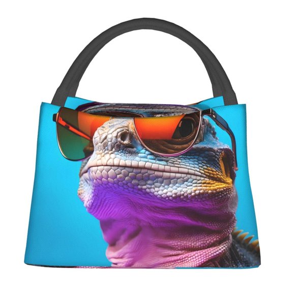 Easygdp Lizard With Sunglasses Colorful for Reusable Hand-held Crossbody Insulated Lunch Bag Office Work Trave Work