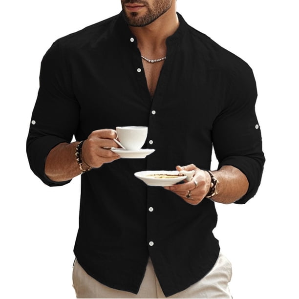 pstuiky camisa de manga larga para hombre, Camisas casuales de lino a la moda para hombre, de color liso, con botones y cuello alto, de manga larga camisetas de hombre xxxl