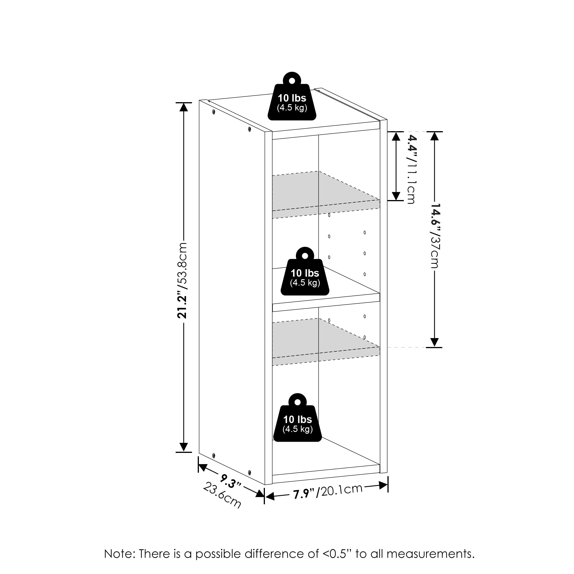 Furinno FULDA Book Shelf, 2-Tier Narrow Bookshelf, Bookcase with 8-In Width Storage Shelf, 9.3 x 7.9 x 21.2, for Living Room, Bedroom, Home Office, Plain White
