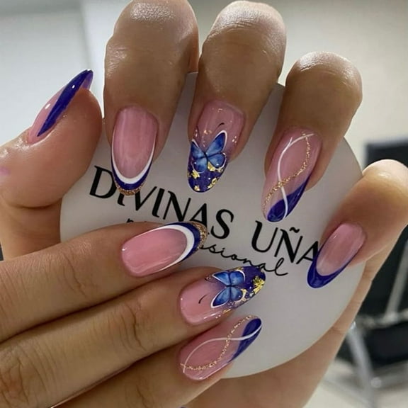 Yoyauz 24pcs French Pointed Nail Press, Short Fake Nail, Square Nail Press, Blue Butterfly Design, Charming Acrylic Nail Suitable For Girls And Women