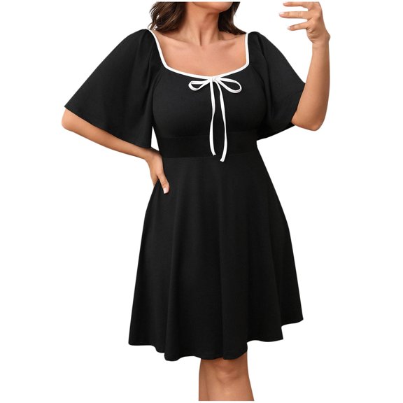 Admvng Women's Plus Size Dress Short Sleeve Square Neck Casual Summer Bow Detail Trendy Dress
