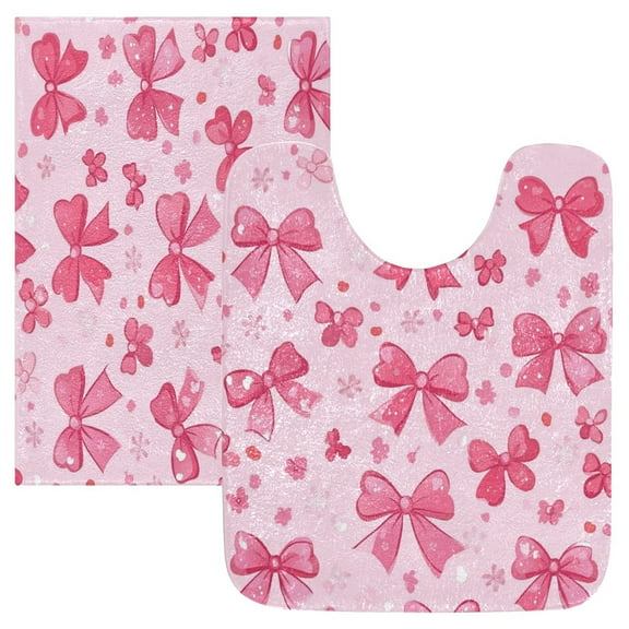 2 Piece Soft Bathroom Rug Set Pink Cute Bows Bath Mat and U-Shaped Toilet Contour Rug (16"x24" 20"x24")