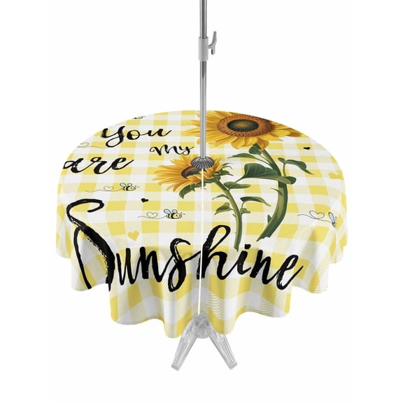 Sunflowers Outdoor Tablecloth - 54 Inch Round Dining Table Cover, Spring Summer Bees Floral Yellow Plaid Waterproof Outdoor Table Cloth with Umbrella Hole & Zipper for Picnic/Patio/Party