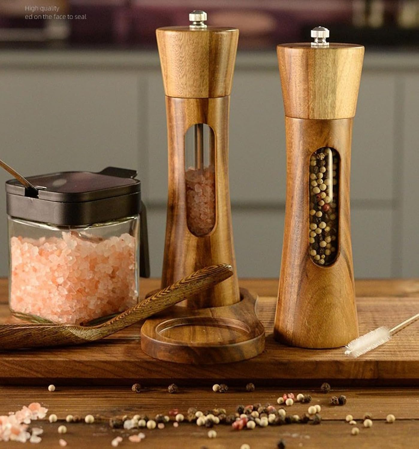 2 Pack Wooden Salt and Pepper Grinder Set — 8 Inch Refillable Salt and Pepper Shakers — Manual Spice Mills with Clear View Window — Ceramic Grinder, Adjustable Coarseness