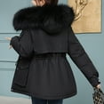thumbnail image 5 of Women Winter Coat Thick Plush Furry Hooded Long Sleeves Pockets Drawstring Waist Zip-up Windproof Mid Length Overcoat Outdoor Outwear, 5 of 8
