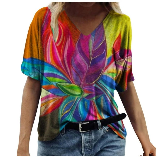 Ichuanyi Trendy Floral T-Shirt Women's Summer Short Sleeve Tunic Tops V ...