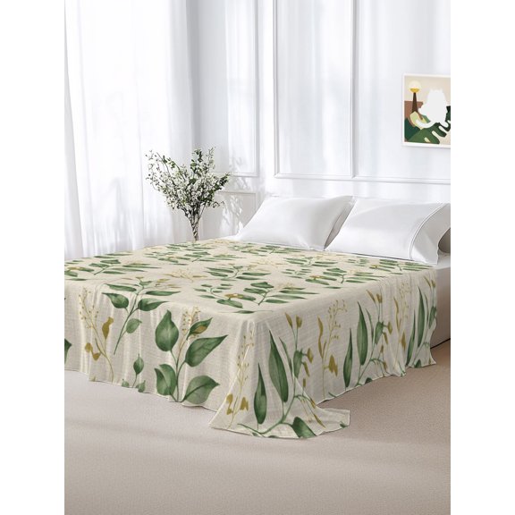California King Size Flat Sheet Only,Green Watercolor Leaves Seamless Soft Top Bed Sheets Breathable Bedding Sheet Fallen Leaf Retro Linen Microfiber Hotel Luxury Top Sheets