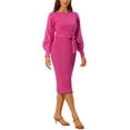 thumbnail image 4 of INSPIRE CHIC Robe pour Femme en Tricot à Col Rond Manches Lanterne 3/4 Ceinturée Ourlet Plissé Robes L Prune, 4 of 6